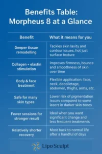 How Often Can I have Morpheus 8? 3 Table showing the benefits of Morpheus 8 treatment from Lipo Sculpt Brent